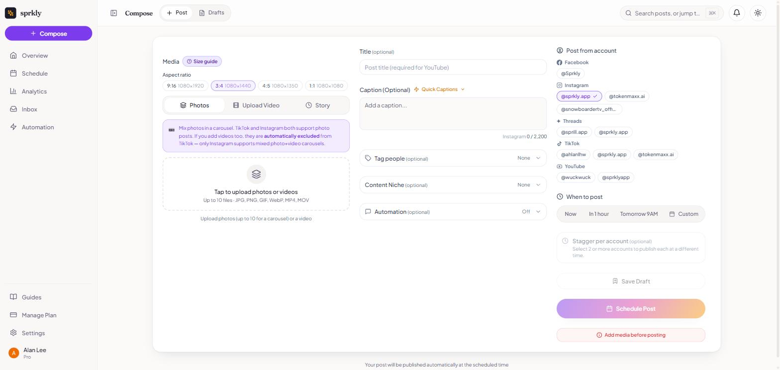 sprkly post composer with aspect ratio picker, caption field, account chips for five platforms and a schedule time selector