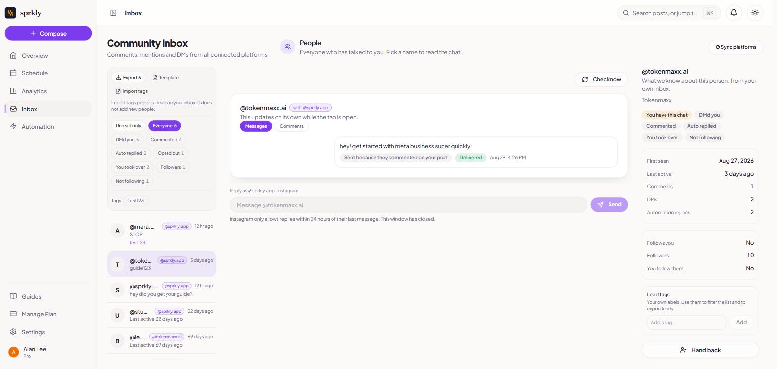 sprkly social inbox with a person list, an open Instagram conversation showing a delivered automation DM, and lead tags on the right
